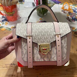 Michael Kors Manhattan Satchel Signature Logo/Leather Trim Powder Blush